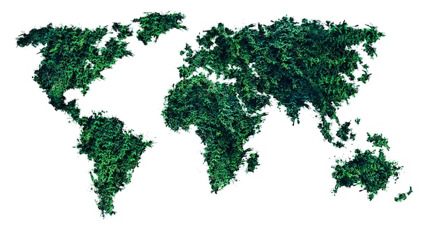 緑の草からの世界地図。生態学的傾向。植物や樹木の環境保護。白い背景で隔離。