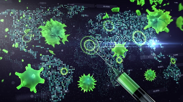 World Map Get Vaccine. Worldwide Vaccination Concept. Destroyed Virus 3D Rendering