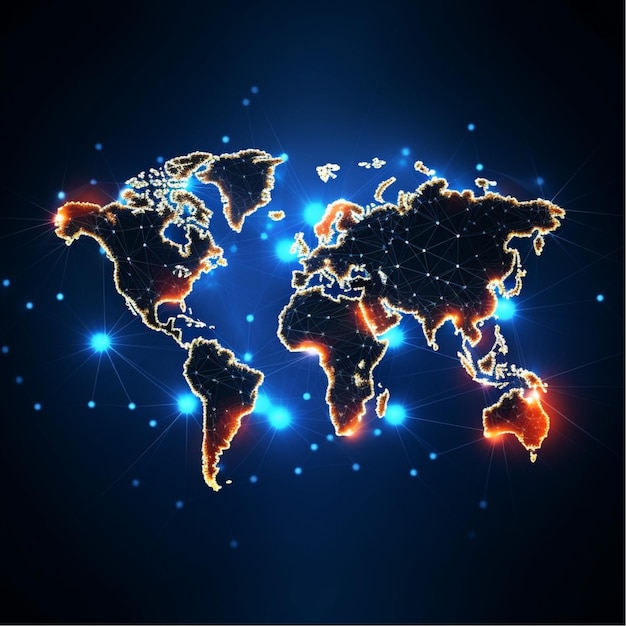 Photo world map glowing points and lines on dark background vector illustration