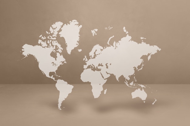 Photo world map isolated on beige wall background. 3d illustration