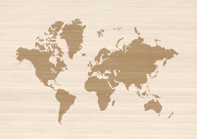 Foto mappa del mondo isolata su una superficie di legno beige