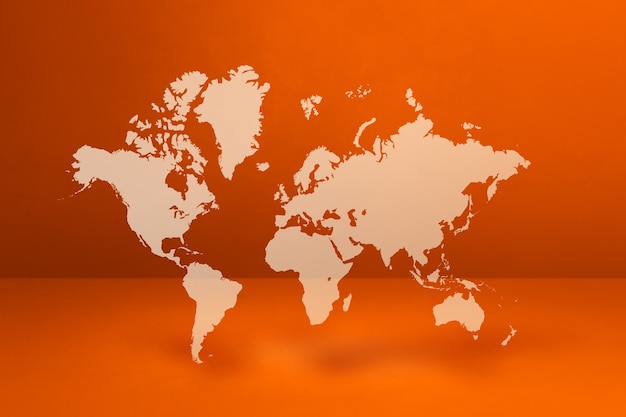 Photo world map isolated on orange wall background. 3d rendering