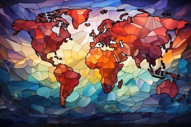 world map made of crystals of many colors simulating a stained glass window in a church