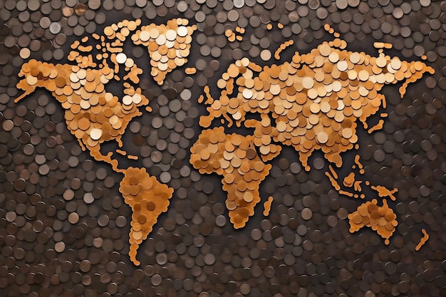 World map made of currency coins global financial illustration generative ai