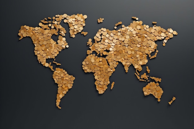 Foto mappa del mondo fatta di monete in valuta illustrazione finanziaria globale ai generativa