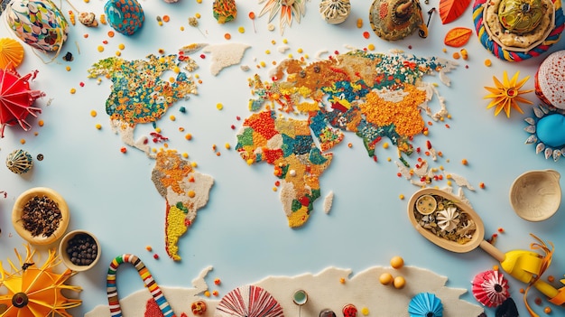 Foto mappa del mondo fatta di spezie e cereali colorati con decorazioni culturali intorno