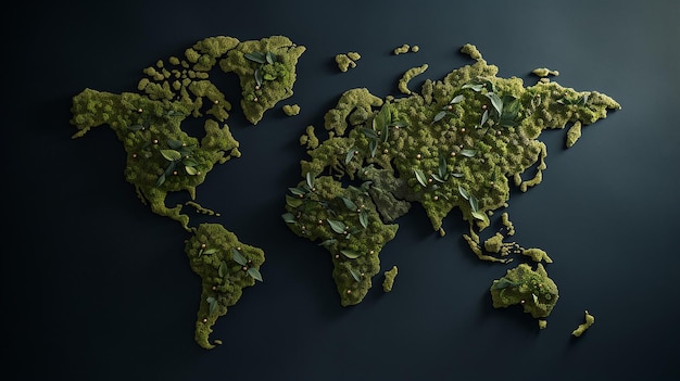 Карта мира, сделанная из зеленой травы и листьев Экология