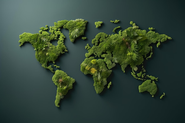 초록 잔디 와 잎 으로 만든 세계 지도 생태학