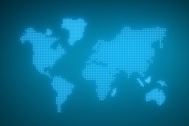 Photo world map made of glowing blue dots with neon effect. 