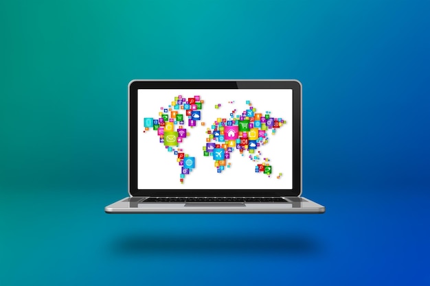 World Map made of icons on a laptop screen