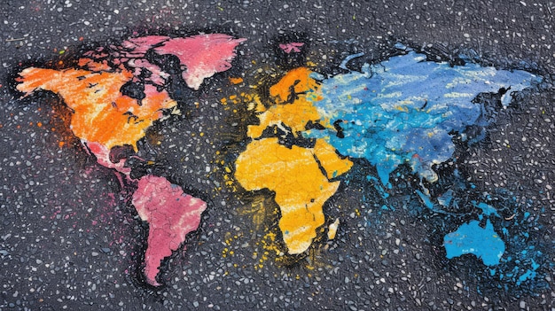 사진 아스팔트 에 다채로운 도자기 로 만든 세계 지도
