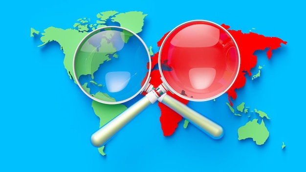 World map and magnifying glass