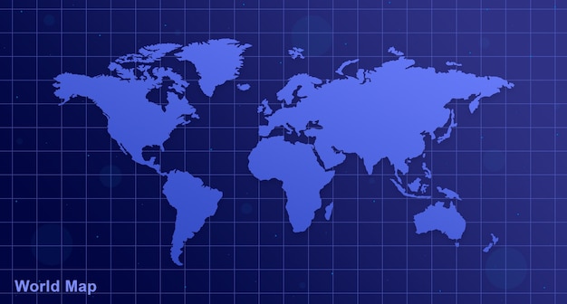 World map on mesh blue background with glare and title 3d