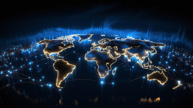 写真 世界地図ネットワーク接続ネオンスタイル