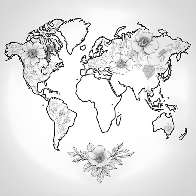 world map outline with flowers