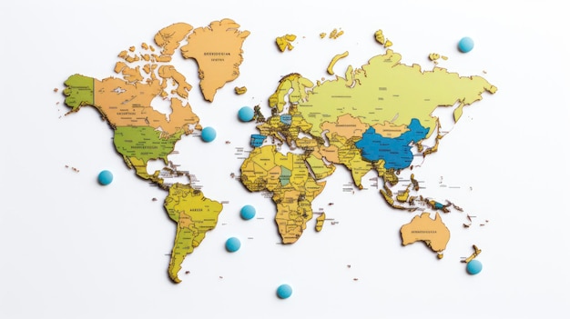 Foto della mappa del mondo appuntata con la popolare collaborazione digitale e remota del team