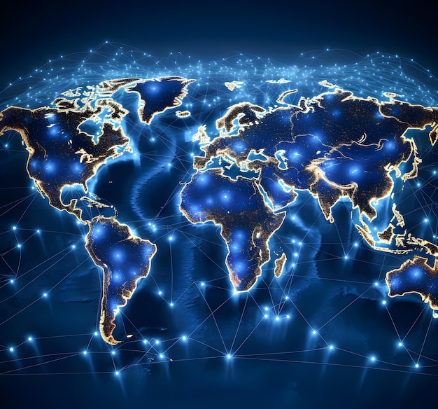 World map of planet earth with connected digital data network and technology Concept of digital connectivity and communication