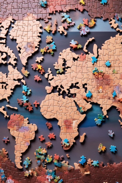 World map puzzle with pieces scattered around created with generative ai