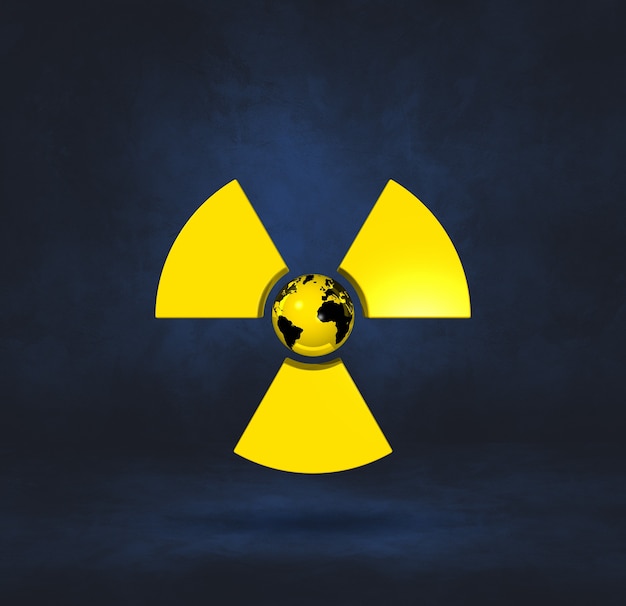 Photo world map on radioactive symbol. dark blue studio background. 3d illustration