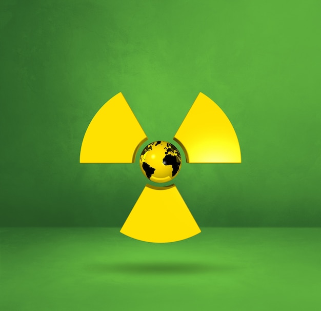 World map on Radioactive symbol. Green studio background. 3D illustration