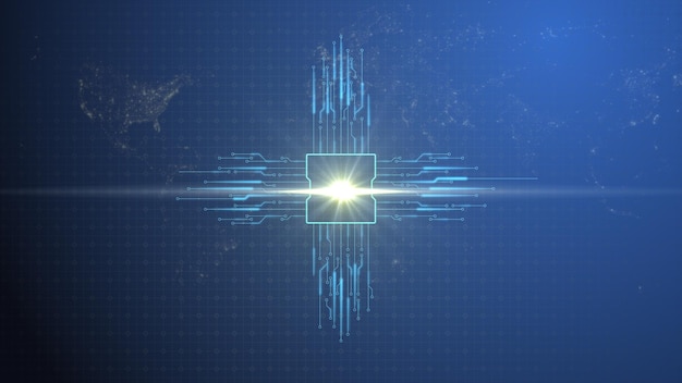 world map scheme artificial intelligence microchip with light point from which light rays depart