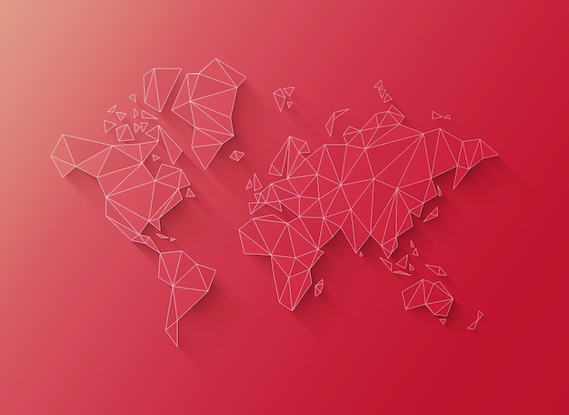 World map shape made of polygons 3D illustration on a pink background