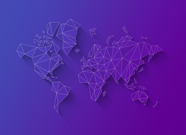 World map shape made of polygons 3D illustration on a purple background