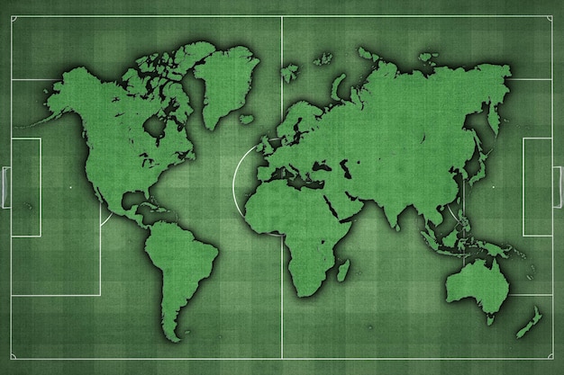 Foto mappa del mondo campo da calcio, erba verde, mondo di calcio, sfondo sportivo