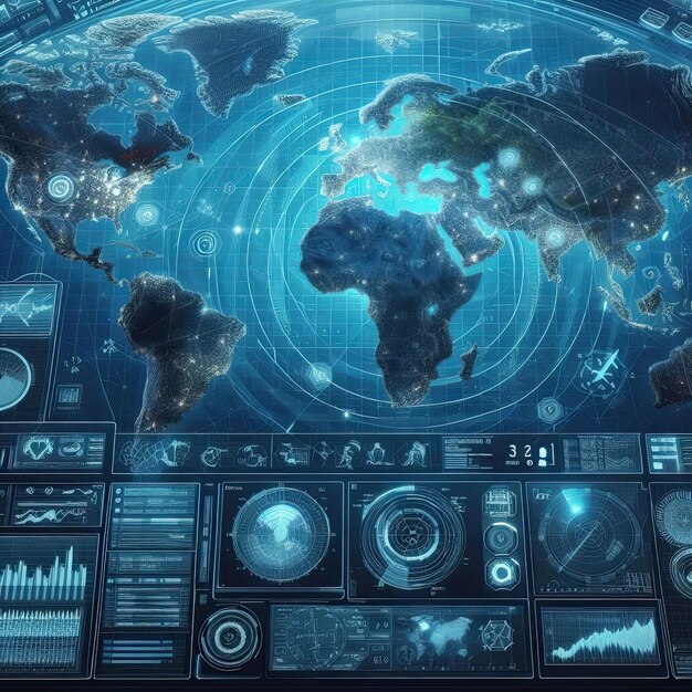 World map of terrain with radar interface concept of communication