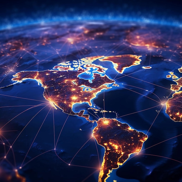 World map and transparent fiber optic lines connected the geolocations