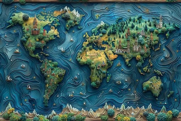 World map in a unique digital art style