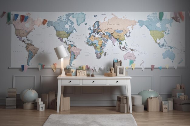 A world map on a wall with a map of the world on it