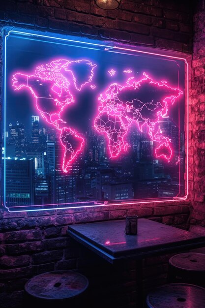 A world map on the wall with neon lighting Designer decor on the wall in the room