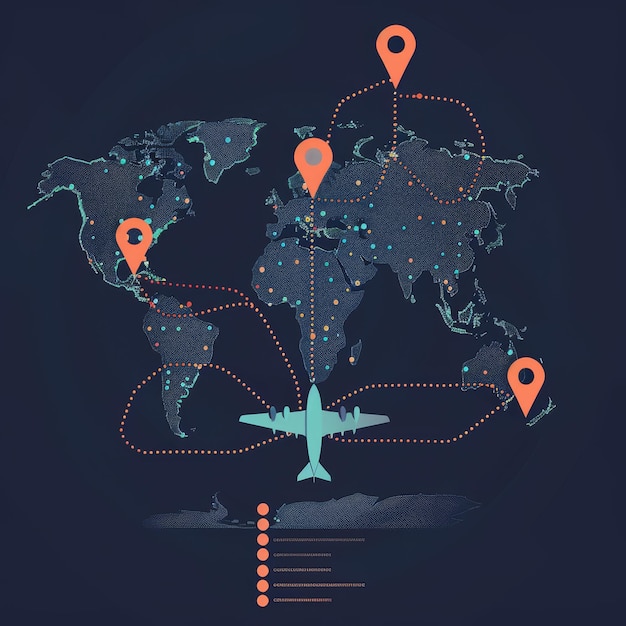 Photo world map with airplane route lines on aircraft and arrows on a map icons and destinations on aircraft silhouettes transport infographic modern set