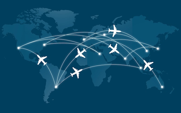 飛行機のシンボルを含む世界地図