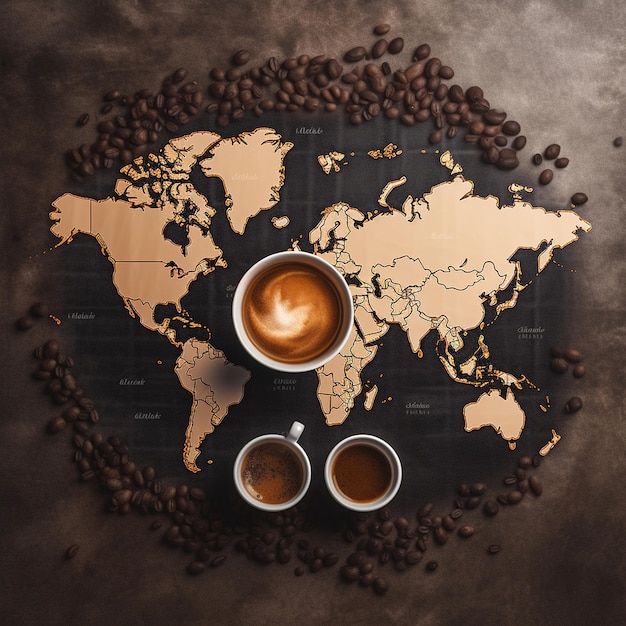 a world map with coffee beans and a map of the world.