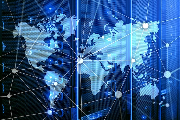 World map with communication network on server room background