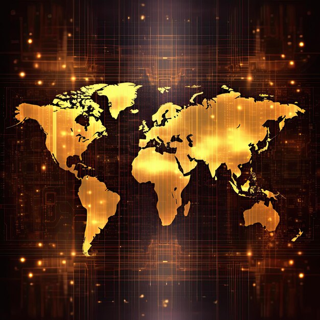 World map with dotted lights on tech golden background