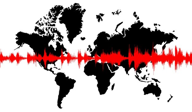 Photo world map with earthquake sign