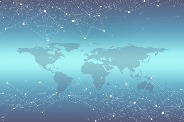 Foto mappa del mondo con il concetto di rete tecnologica globale. visualizzazione dei dati digitali. linee plesso. comunicazione di fondo dei big data. illustrazione scientifica.