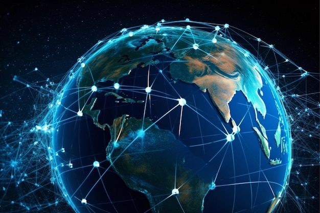 Карта мира с глобальной технологической сетью социальной связи с огнями и точками