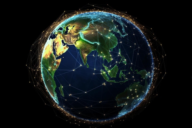 조명과 점이 있는 글로벌 기술 소셜 연결 네트워크가 있는 세계 지도