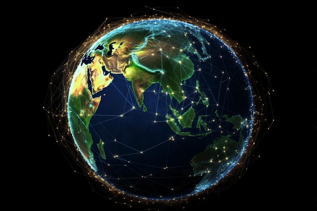 Карта мира с глобальной технологической сетью социальной связи с огнями и точками