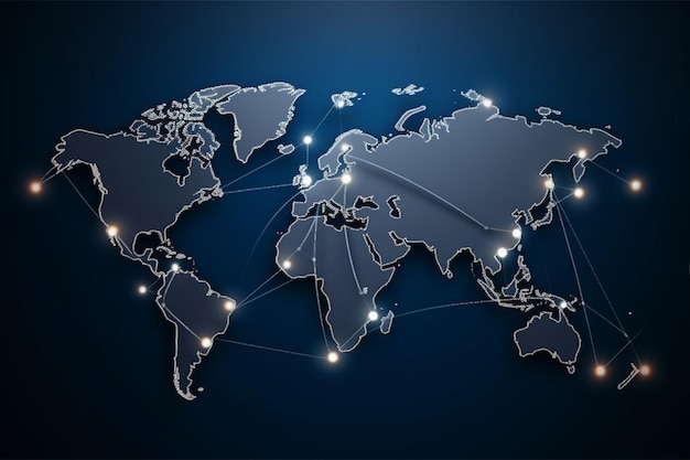 World map with global technology social connection network with lights and points