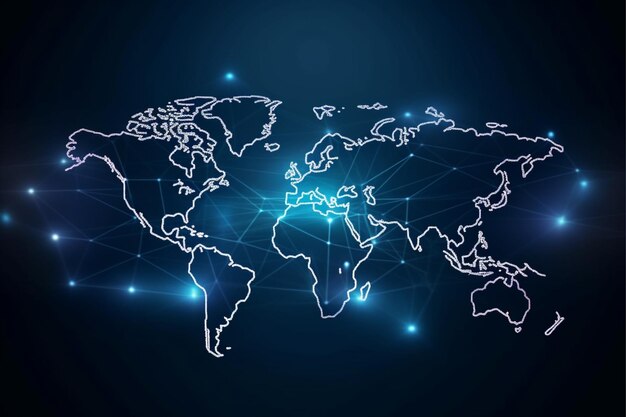 World map with global technology social connection network with lights and points