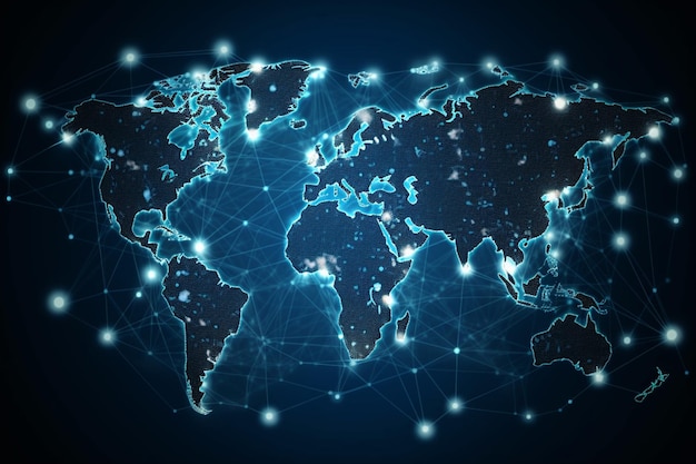 Карта мира с глобальной технологической сетью социальной связи с огнями и точками