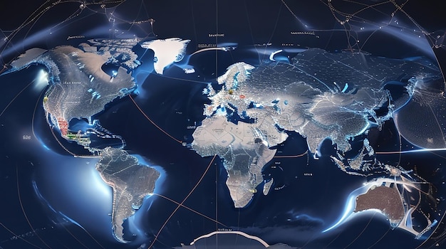 Карта мира с глобальной технологией социальной сети соединений с огнями и точками