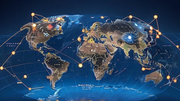 World map with global technology social connection network with lights and points