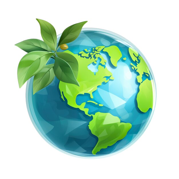 a world map with a green plant and a green leaf