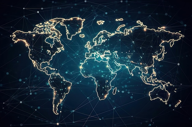 World map with illuminated cities and countries at night Generative AI